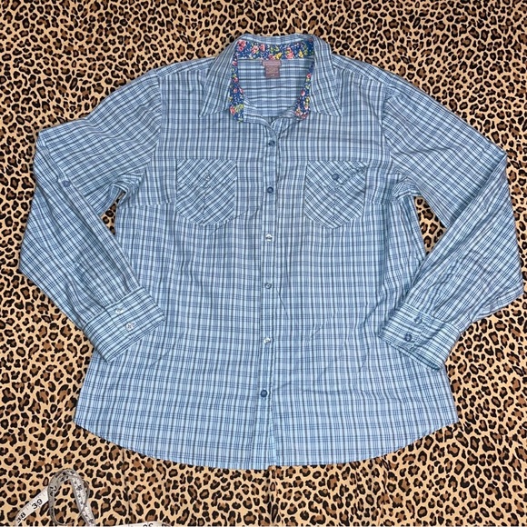 Laura Scott Large Plaid Pastel Blue Chest Pocket Long Sleeved Collared Buttoned - Picture 2 of 6